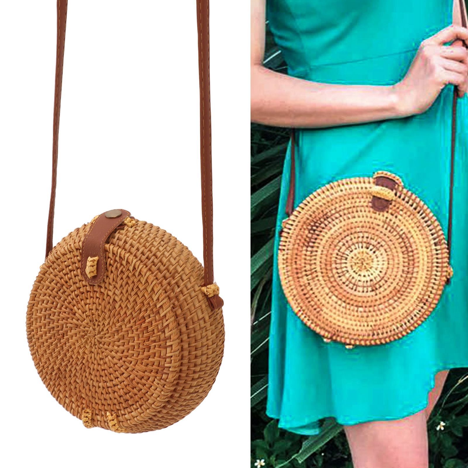 Handwoven Round Rattan Bag Tropical Beach Style Woven Shoulder Rattan Bag with Leather Strap 20cm Diameter Natural Color Oval with Lining - Image 11