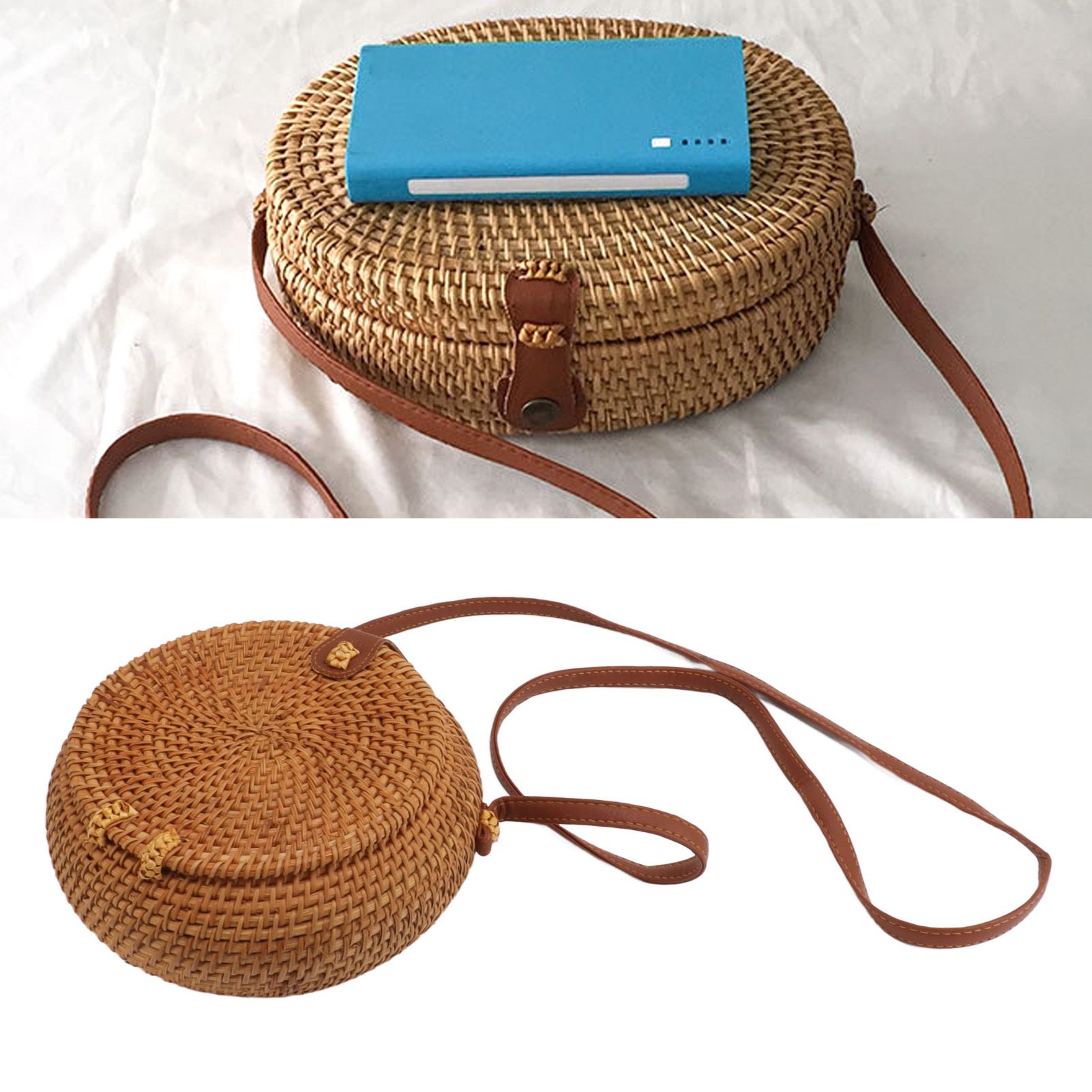 Handwoven Round Rattan Bag Tropical Beach Style Woven Shoulder Rattan Bag with Leather Strap 20cm Diameter Natural Color Oval with Lining - Image 12