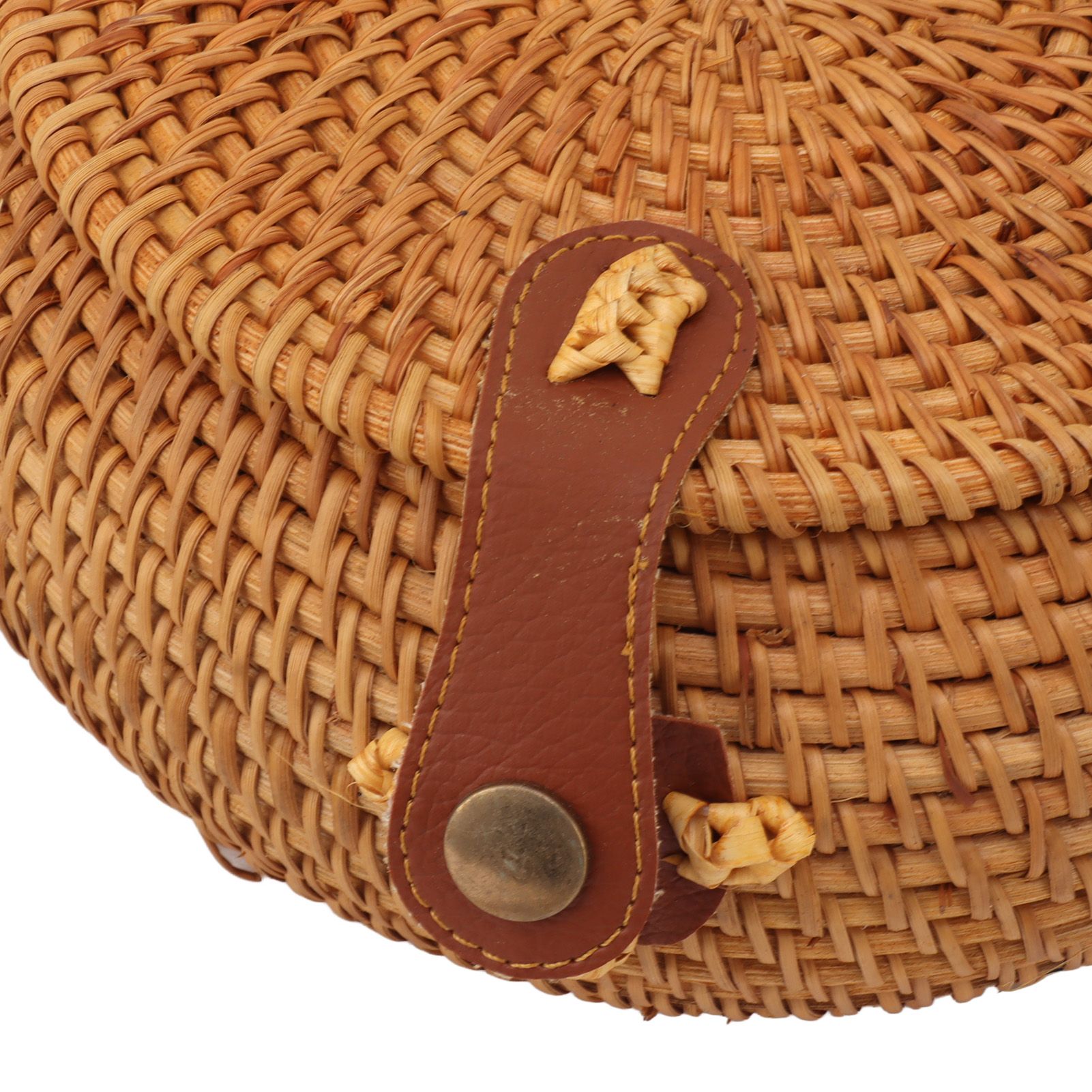 Handwoven Round Rattan Bag Tropical Beach Style Woven Shoulder Rattan Bag with Leather Strap 20cm Diameter Natural Color Oval with Lining - Image 13