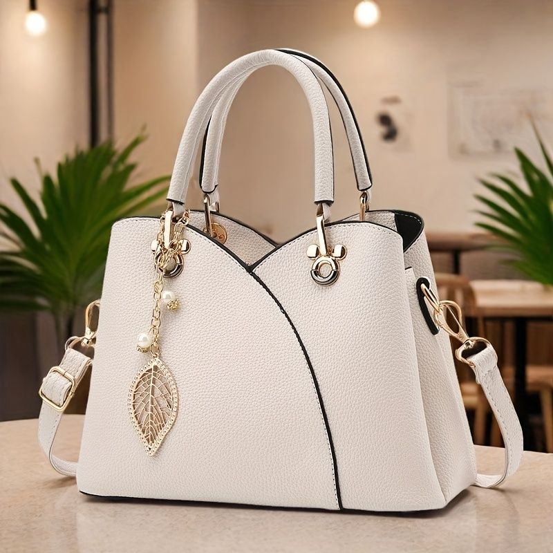 White Tote Bag Women'S Handbag Leaf Charm Bag Stylish Women'S Bag Designer Tote - Coffee color - Size 26-13-18 - Image 2