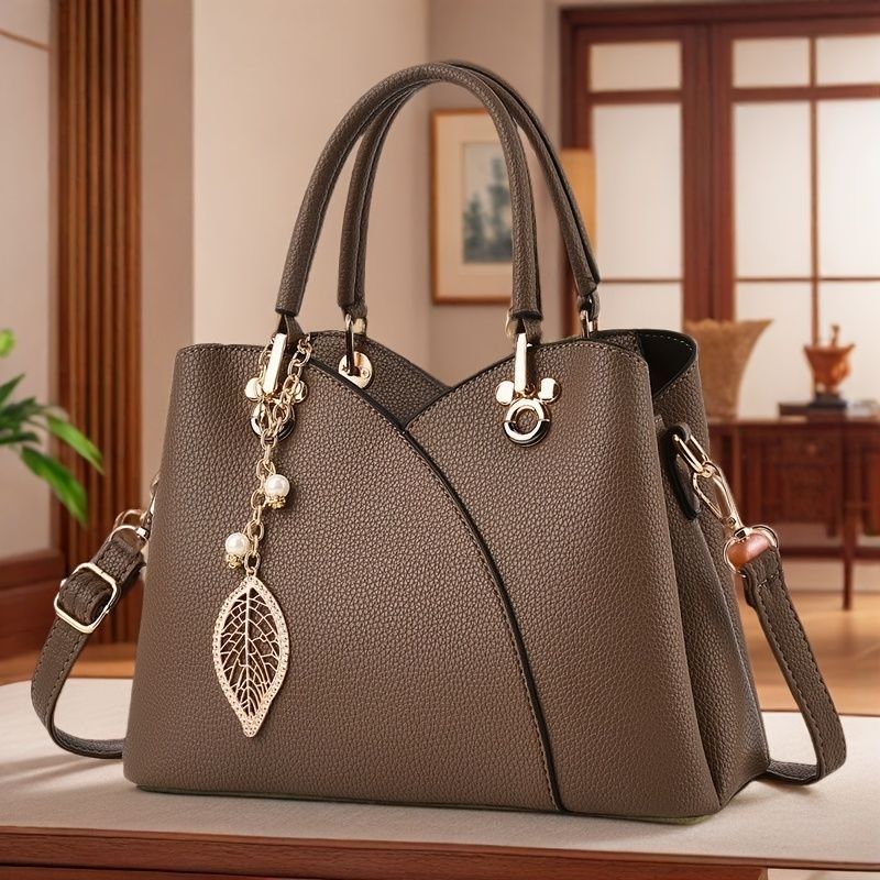 White Tote Bag Women'S Handbag Leaf Charm Bag Stylish Women'S Bag Designer Tote - Coffee color - Size 26-13-18 - Image 3