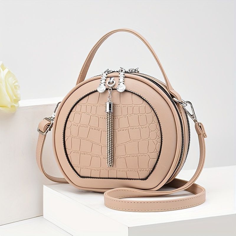 Ladies Handbag Round Handbag Croc-Embossed Handbag Tassel Handbag High-Quality - Beige - Size L - Image 6