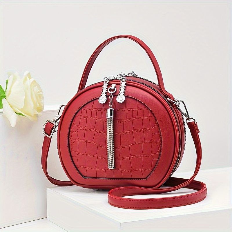 Ladies Handbag Round Handbag Croc-Embossed Handbag Tassel Handbag High-Quality - Beige - Size L - Image 7