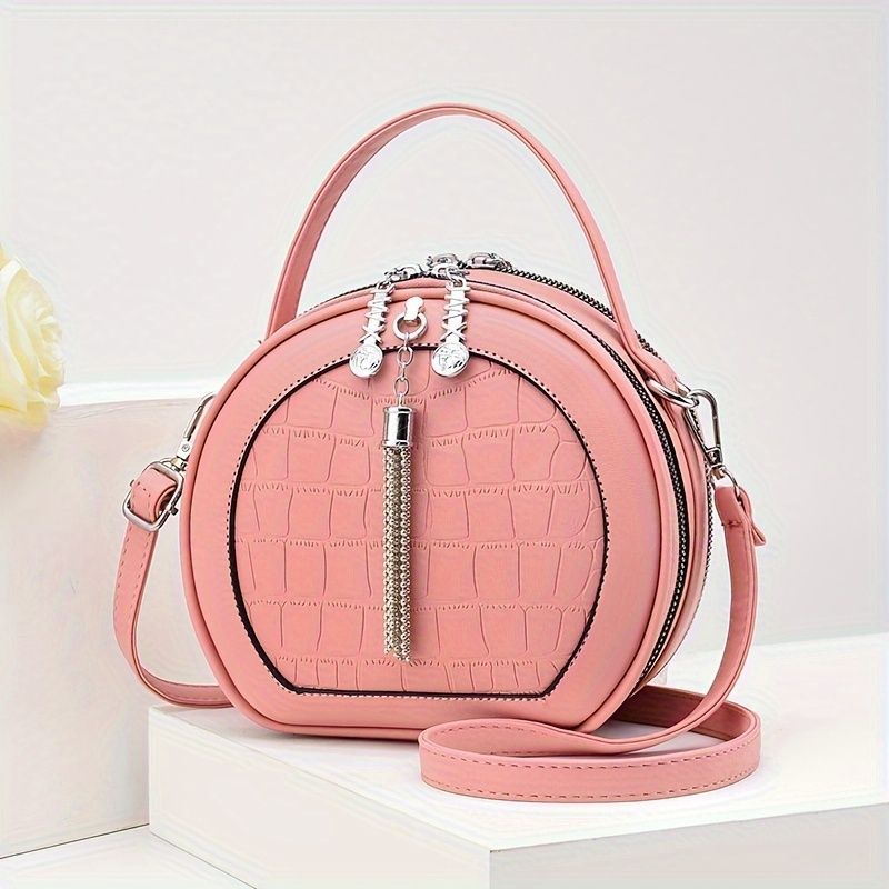 Ladies Handbag Round Handbag Croc-Embossed Handbag Tassel Handbag High-Quality - Black - Size L - Image 8