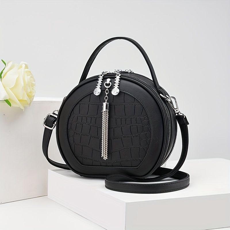 Ladies Handbag Round Handbag Croc-Embossed Handbag Tassel Handbag High-Quality - Green - Size L - Image 3