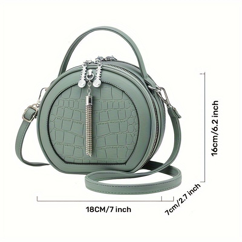 Ladies Handbag Round Handbag Croc-Embossed Handbag Tassel Handbag High-Quality - Khaki - Size L - Image 6