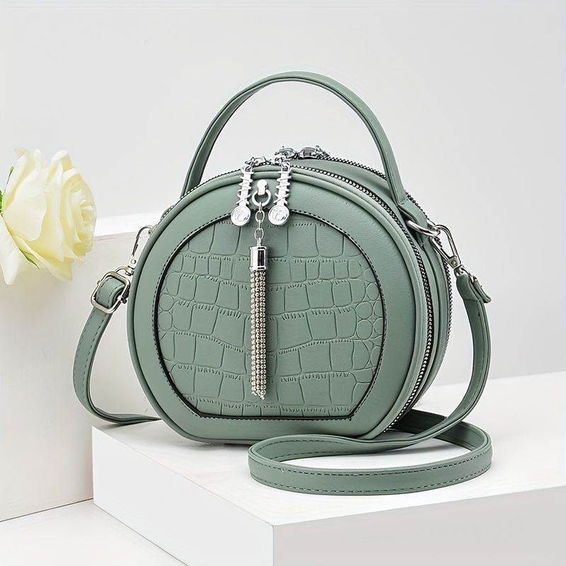 Ladies Handbag Round Handbag Croc-Embossed Handbag Tassel Handbag High-Quality - Pink - Size L - Image 2