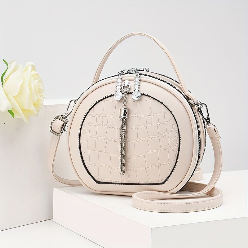 Ladies Handbag Round Handbag Croc-Embossed Handbag Tassel Handbag High-Quality - Pink - Size L - Image 5
