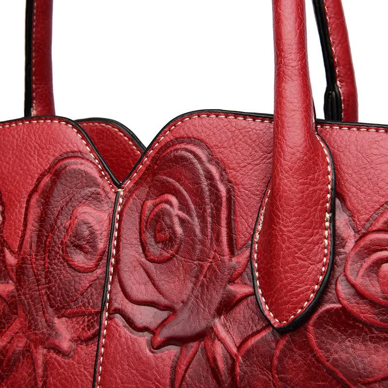 Red Elegant Embossed Rose Leather Handbag - Vintage Style Tote Bag - Image 2