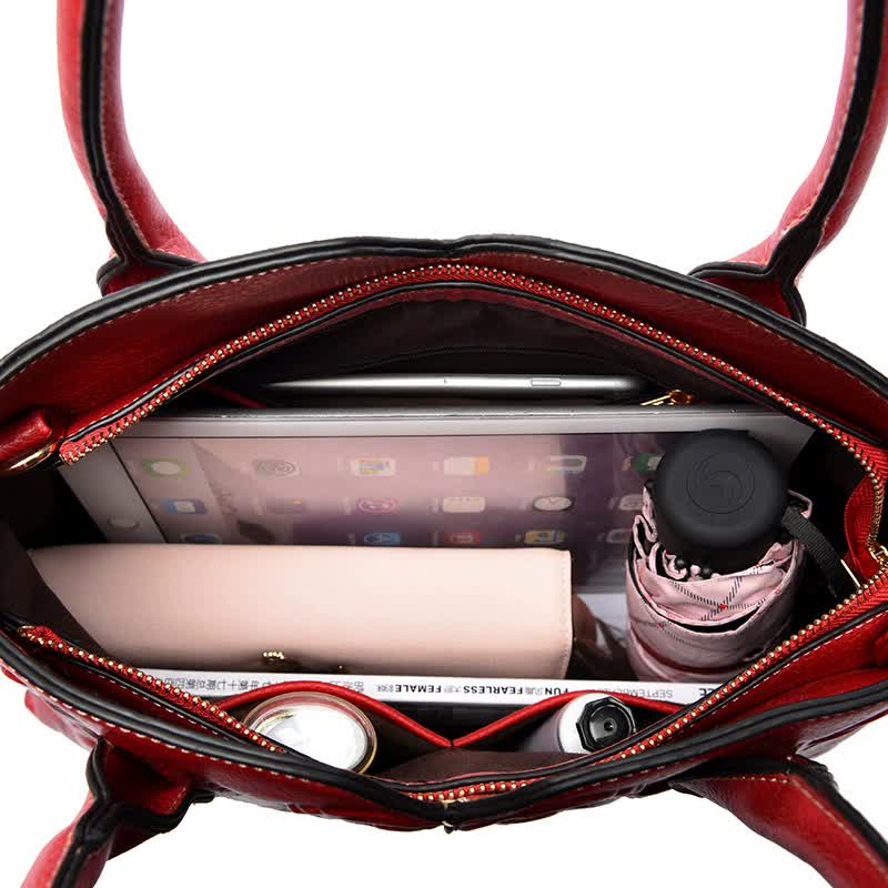 Red Elegant Embossed Rose Leather Handbag - Vintage Style Tote Bag - Image 3