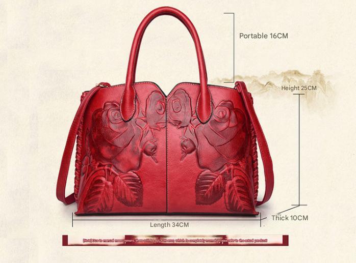 Red Elegant Embossed Rose Leather Handbag - Vintage Style Tote Bag - Image 4