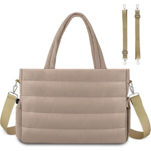 Khaki Stylish Quilted Nylon Tote Bag - Large Capacity Diaper Nappy Bag for Travel & Stroller with Adjustable Straps
