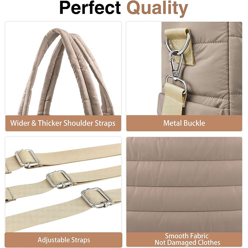 Khaki Stylish Quilted Nylon Tote Bag - Large Capacity Diaper Nappy Bag for Travel & Stroller with Adjustable Straps - Image 3