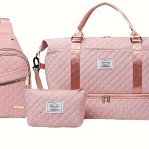 Pink Stylish 3-Piece Quilted Travel Bag Set - Weekender Duffel with Shoe Compartment, Sling Bag & Cosmetic Pouch