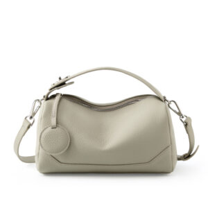 Beige Women Genuine First Layer Cowhide Boston Bag Fashionable Handheld Crossbody Shoulder Bag with 115cm Adjustable Strap