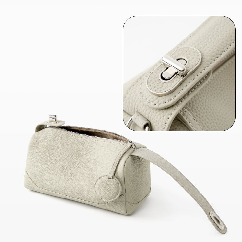 Beige Women Genuine First Layer Cowhide Boston Bag Fashionable Handheld Crossbody Shoulder Bag with 115cm Adjustable Strap - Image 2