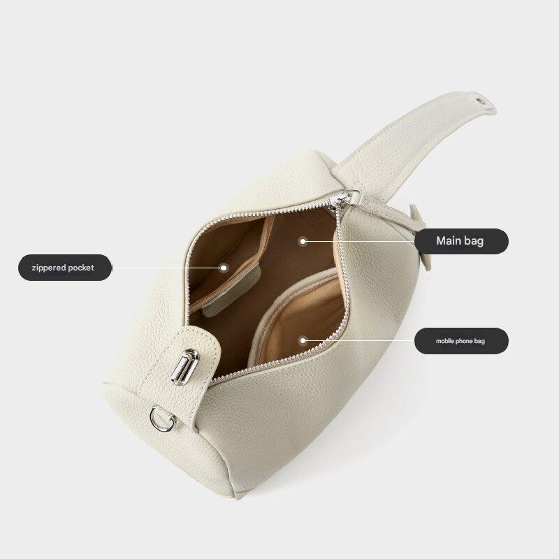 Beige Women Genuine First Layer Cowhide Boston Bag Fashionable Handheld Crossbody Shoulder Bag with 115cm Adjustable Strap - Image 4