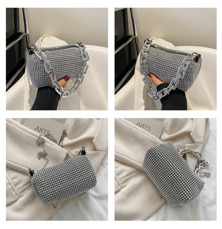 Silver Mini Shoulder Bag for Women – Rhinestone-Embellished Pillow-Shaped Chain Bag with Fashionable Metal Hardware and Compact Design - Image 2