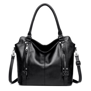 Black Vintage Soft PU Leather Tote Bag | Large Capacity Multi-Pocket Handbag | Convertible Shoulder & Crossbody Bag