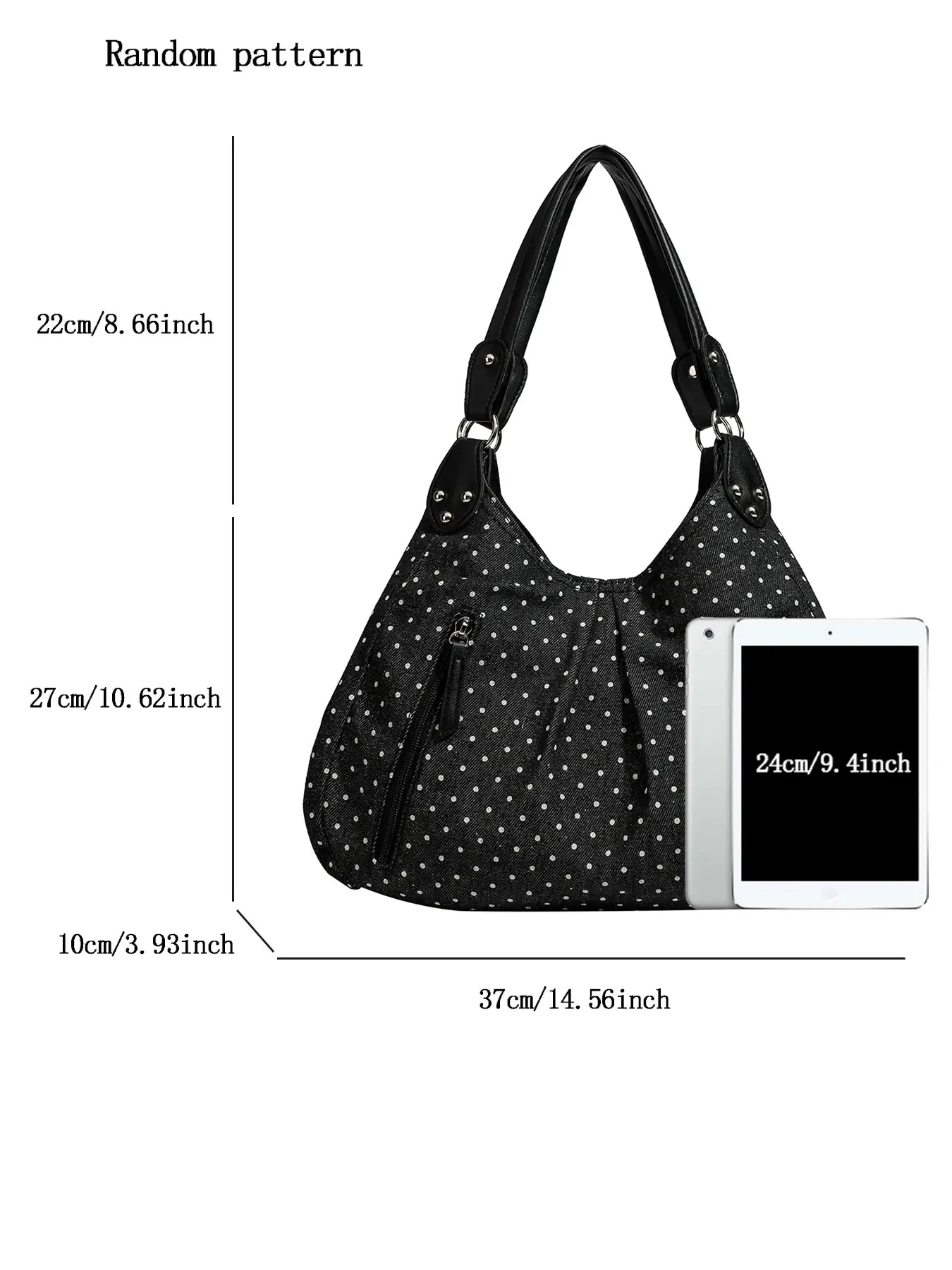 Vintage Polka Dot Handbag for Women with Fixed Shoulder Strap – Large Capacity Stylish Casual Canvas Tote Bag, Multi Compartment Zipper Pockets, Structured Shape Design and Rivet Decoration - Image 2