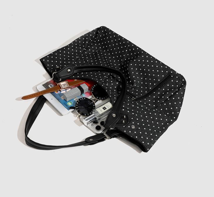 Vintage Polka Dot Handbag for Women with Fixed Shoulder Strap – Large Capacity Stylish Casual Canvas Tote Bag, Multi Compartment Zipper Pockets, Structured Shape Design and Rivet Decoration - Image 4