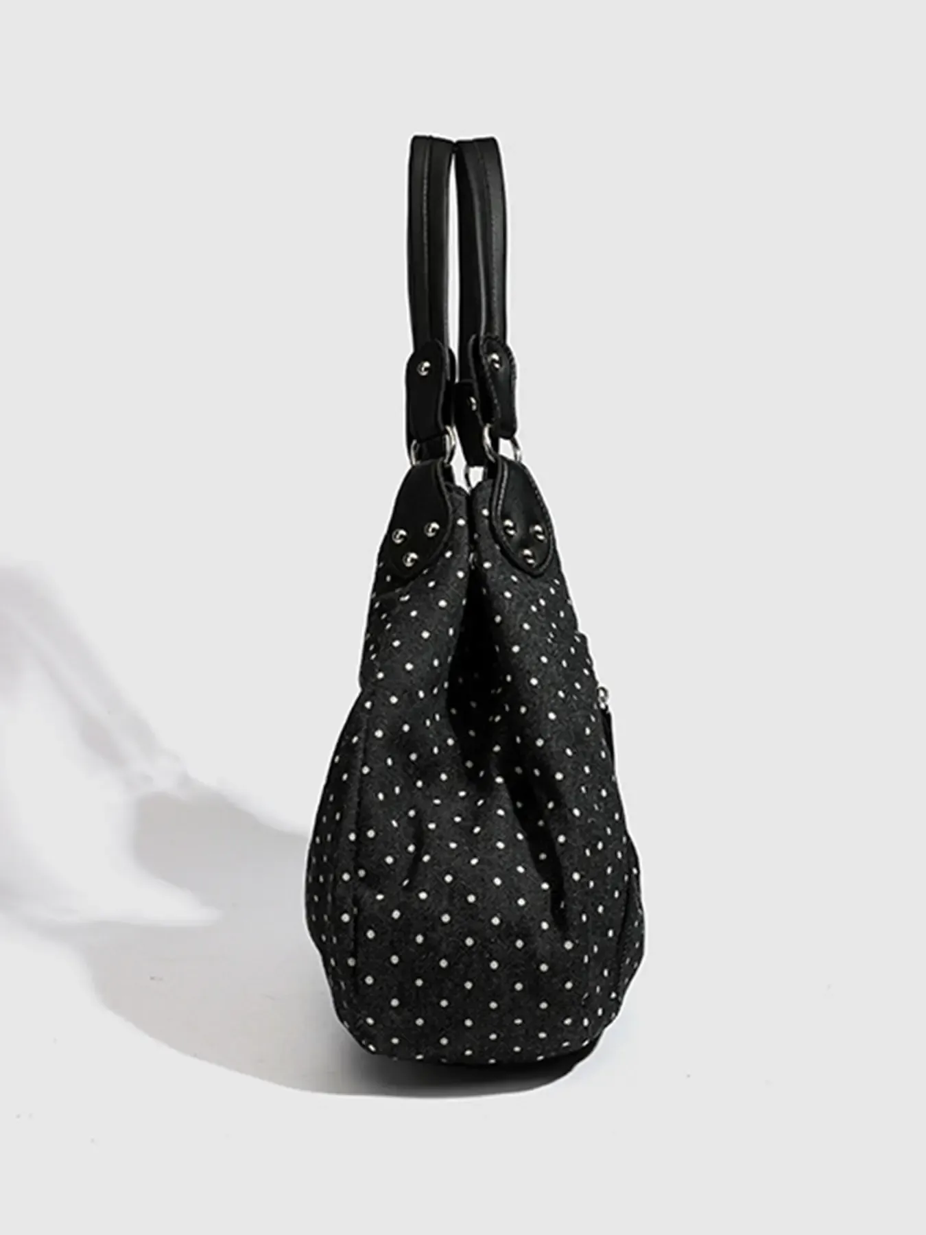 Vintage Polka Dot Handbag for Women with Fixed Shoulder Strap – Large Capacity Stylish Casual Canvas Tote Bag, Multi Compartment Zipper Pockets, Structured Shape Design and Rivet Decoration - Image 7