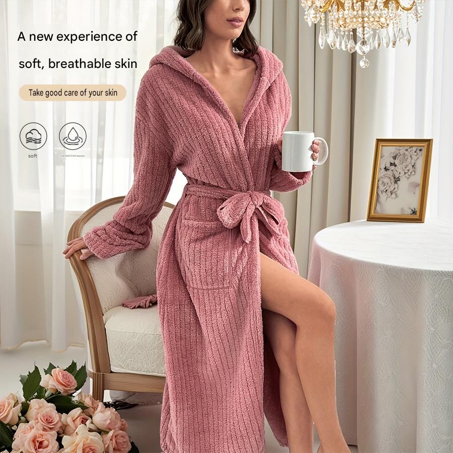 Women's Pink Coral Fleece Hooded Bathrobe (M)- Soft Plush Long Sleeve Wrap Robe with Tie Belt, Highly Absorbent Loungewear for Home Spa and Winter Sleepwear - Image 2