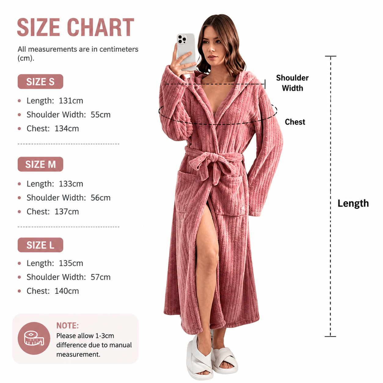 Women's Pink Coral Fleece Hooded Bathrobe (L)- Soft Plush Long Sleeve Wrap Robe with Tie Belt, Highly Absorbent Loungewear for Home Spa and Winter Sleepwear - Image 5