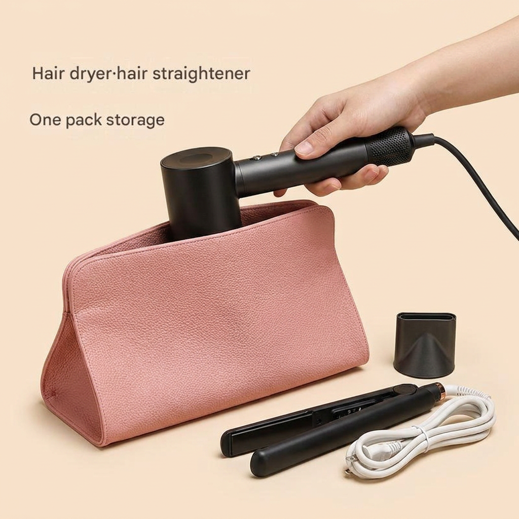 Pink Hair Dryer Storage Bag - Faux Leather Travel Organizer with Magnetic Closure, Waterproof Heat Resistant Pouch for Straighteners Curling Irons and Styling Tools - Image 2
