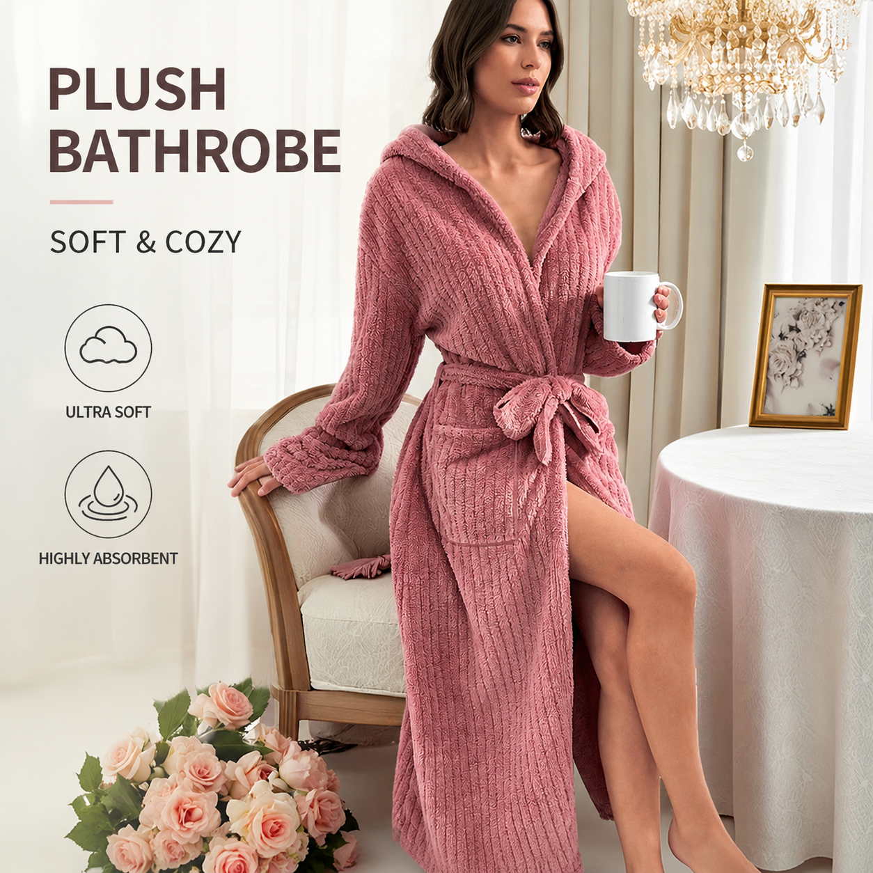 Women's Coral Fleece Hooded Bathrobe (L size) Set with 2 Pineapple Grid Towels - Ultra Soft Absorbent Loungewear for Home Spa and Post Shower Comfort - Image 5