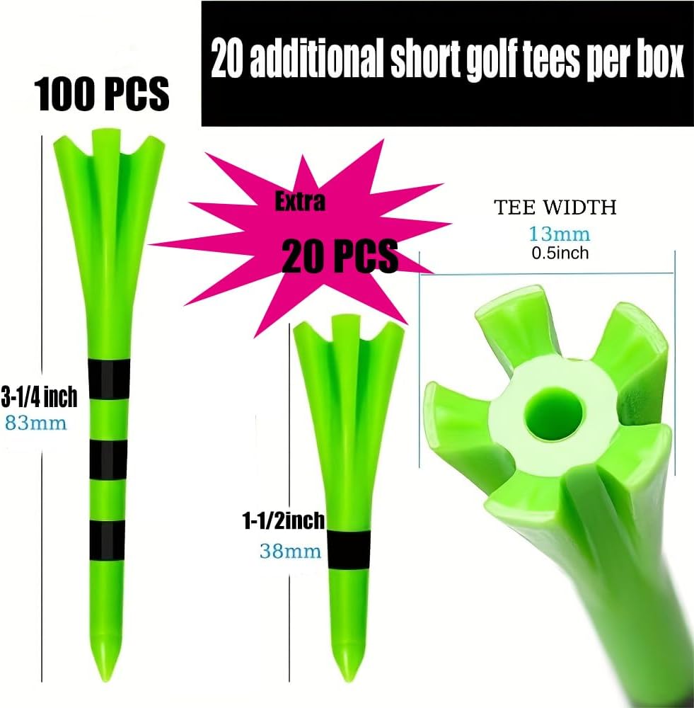 120 Pack Plastic Golf Tees,Contain 100 pcs 3-1/4 Inch Unbreakable Long Tees and 20 Short Tees,Mixed Color,Frictional Resistance Reduction - Image 2