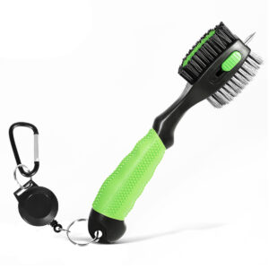 Green Premium Golf Club Cleaning Brush Extra Large Head Dual Bristles Retractable Zip Line & Groove Cleaner Spike Anti-Slip Ergonomic Grip 29cm
