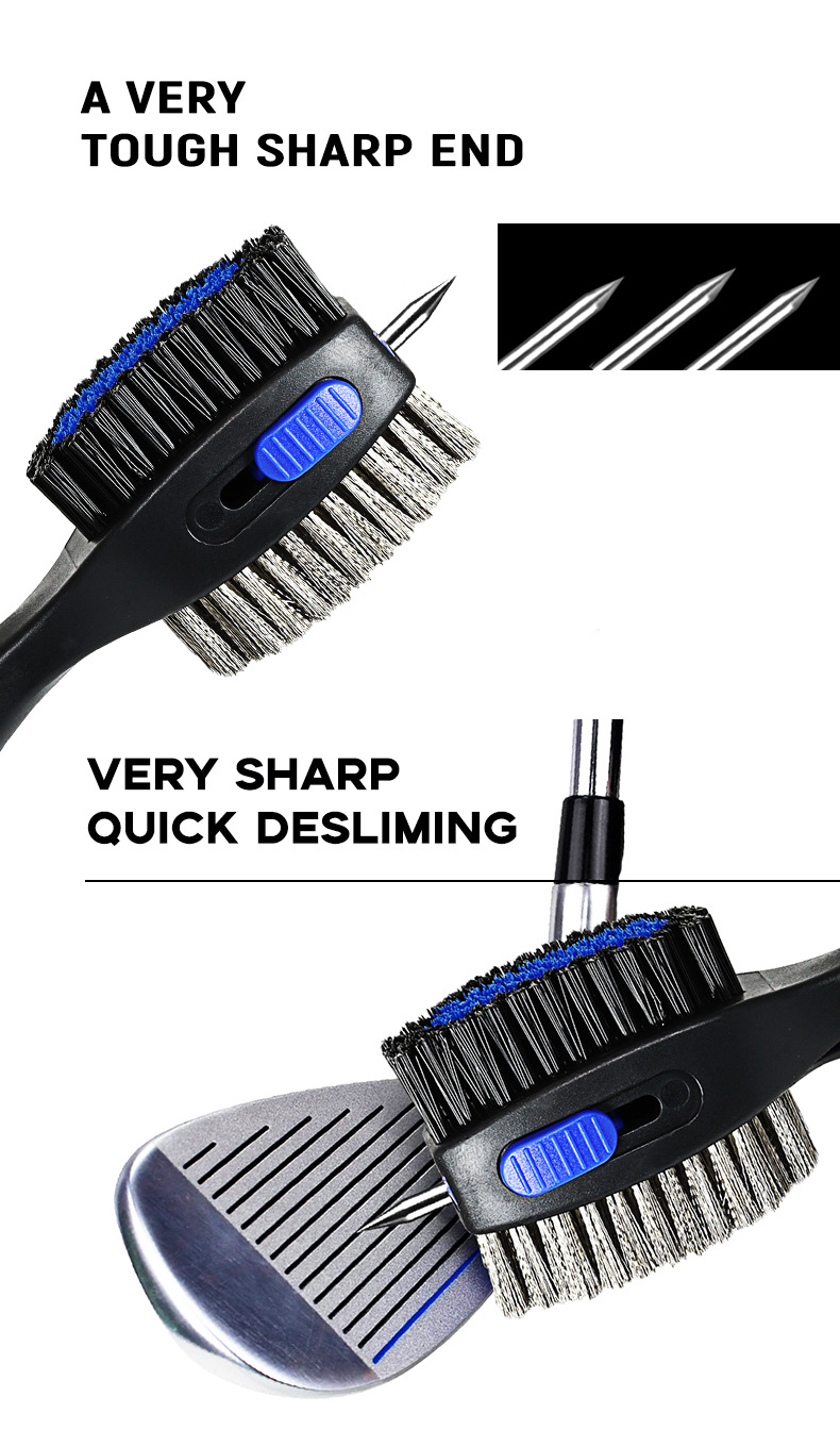 Green Premium Golf Club Cleaning Brush Extra Large Head Dual Bristles Retractable Zip Line & Groove Cleaner Spike Anti-Slip Ergonomic Grip 29cm - Image 2